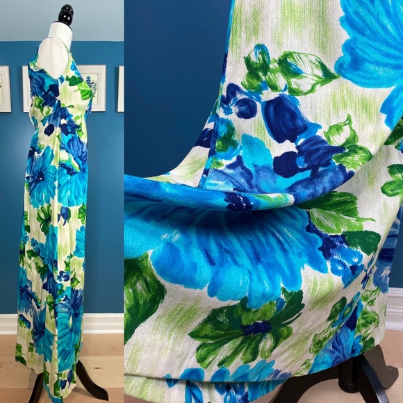 Hawaiian White Blue/Green Floral Print Maxi Dress - Picture 3 of 9